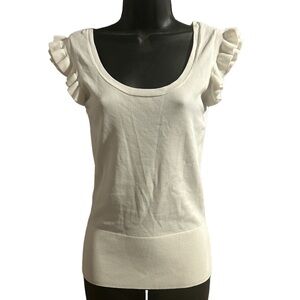 WHBM White Ribbed Ruffle Sleeve Criss Cross Back Detail Top Size Small